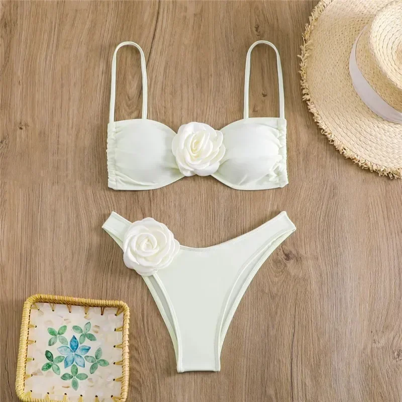 2024 New Luxury Solid 3D Flower Removable Strap Brazilian Thong Beachwear Swimwear Biqunis Women Bikinis Sets Monokini Bathing