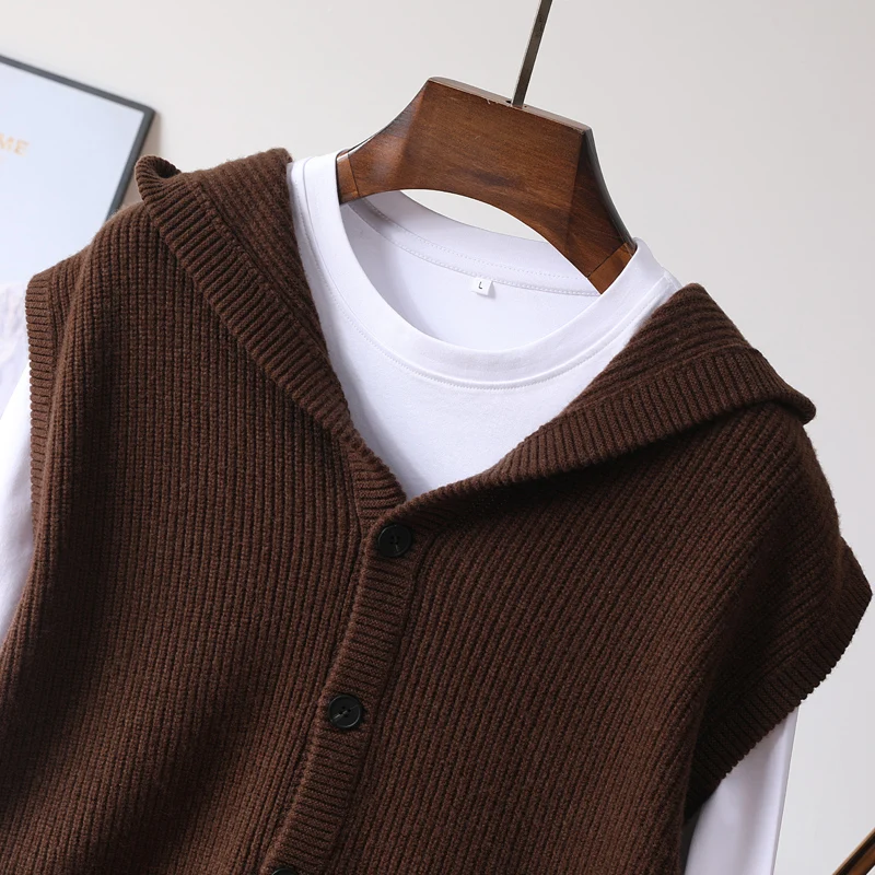 New product autumnwinter men's vest 100% Merino wool knitted hooded cardigan casual loose sleeveless solid color men's sweater