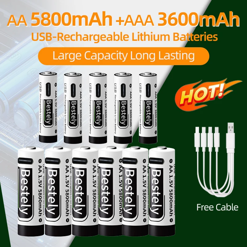 Bestely 1,5 В литиевая батарея USB-C перезаряжаемая батарея AA 5800 МВтч AAA 3600 МВтч 2000 циклов быстрая зарядка с кабелем
