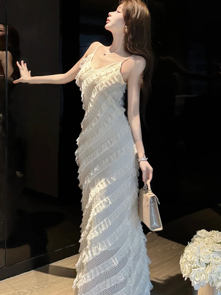 2025 renda branca jacquard chique babados vestido de noite de luxo feminino elegante estilingue sexy vestido longo verão coreano bodycon vestido de festa