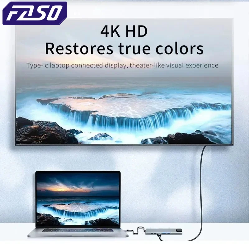 FASO Usb 8 In 1 Type C  To 4k HdTV Hub Adapter With Sd Tf Rj45 Card Reader Pd Fast Charge For Macbook Notebook Computer