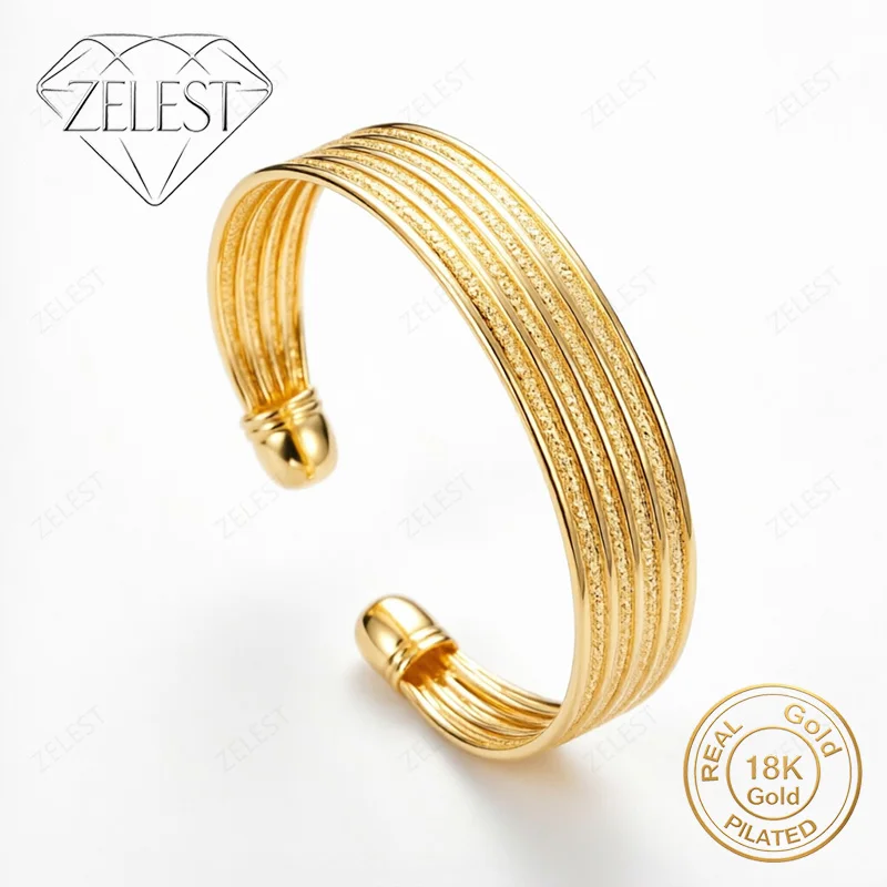 925 Sterling Silver 18K Gold Plated Quad Row Vertical Textured Frosted Open Bracelet Women's Wedding Party Jewelry