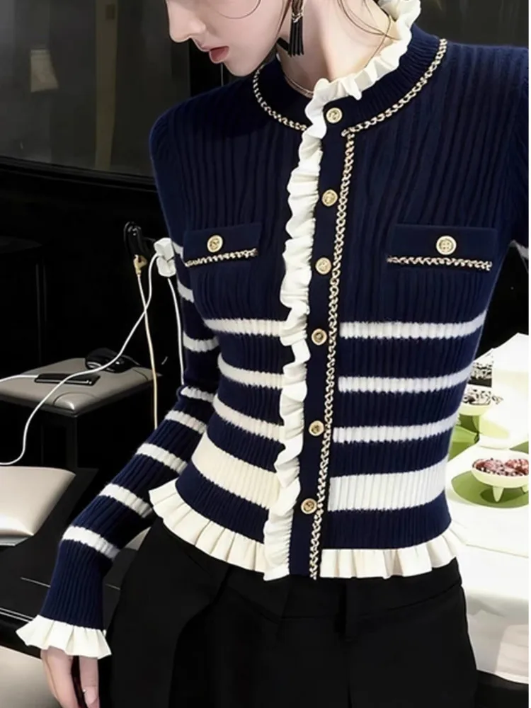 

Summer Korean Style Knitted Top Single Button Round Neck Short Sleeve Striped Color Block Open Front Women Striped Knit Cardigan