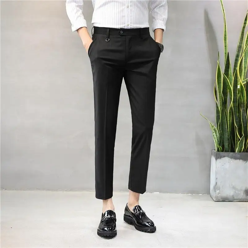 Men Pants Spring Summer Autumn Casual Slim Elastic Long  Trousers Chinos Slacks Ankle Length No Ironing Black Blue Grey