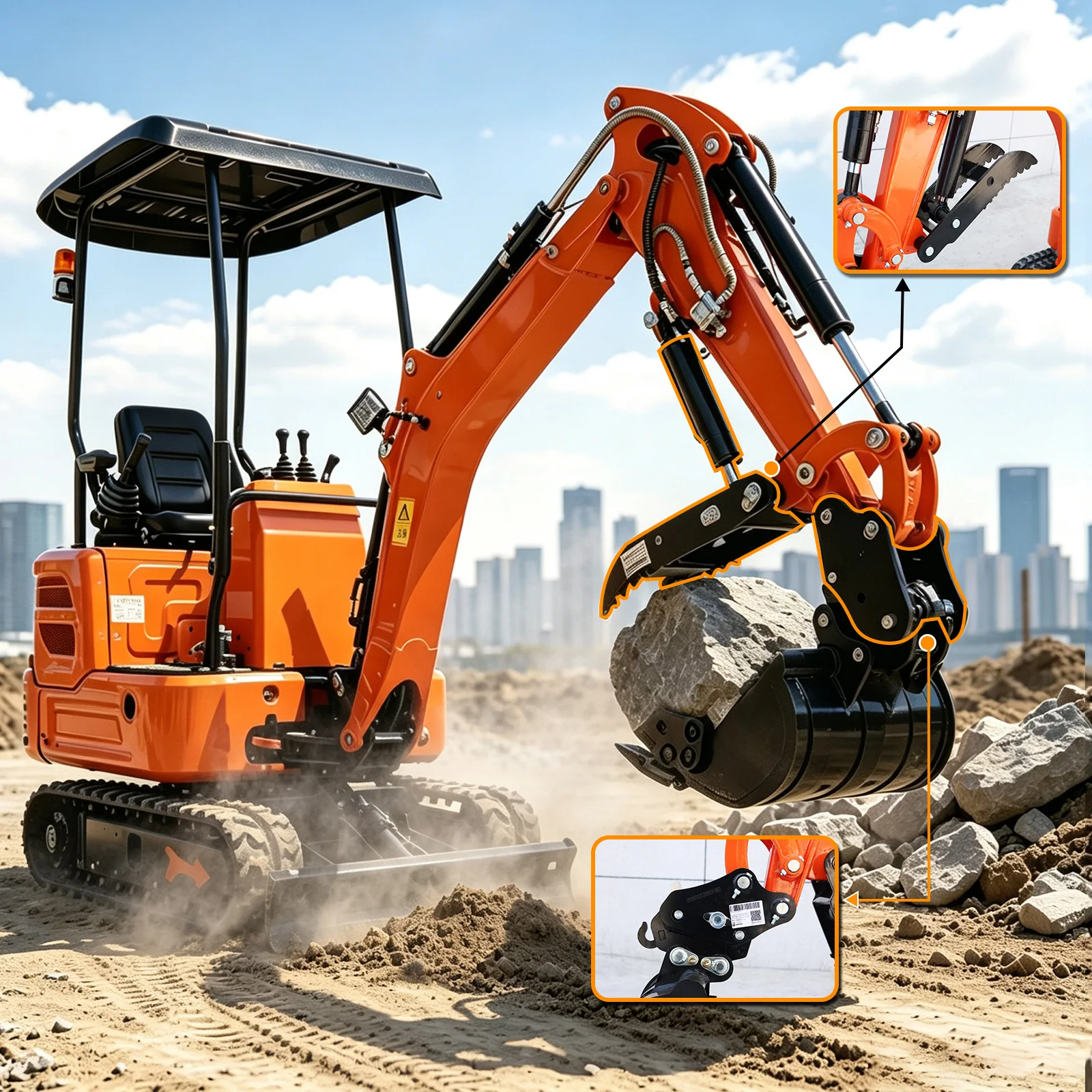 Mini Excavadora Nueva Mejorada 13,5HP, Conexión Rápida y Pluma Oscilante Lateral, Certificado Euro5‑CE, Envío Gratuito