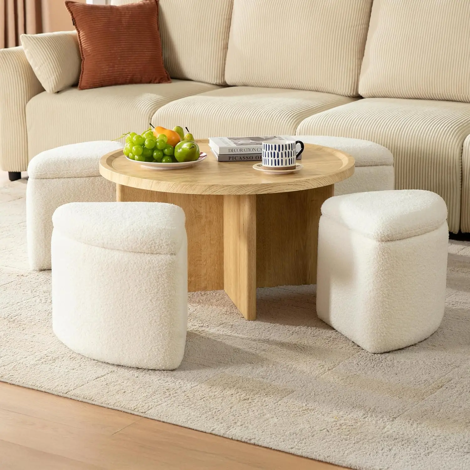 

Square Wood Coffee Table with 4 Boucle Ottoman Seats & Storage Underneath Mid-Century Small Space Natural White, Customized