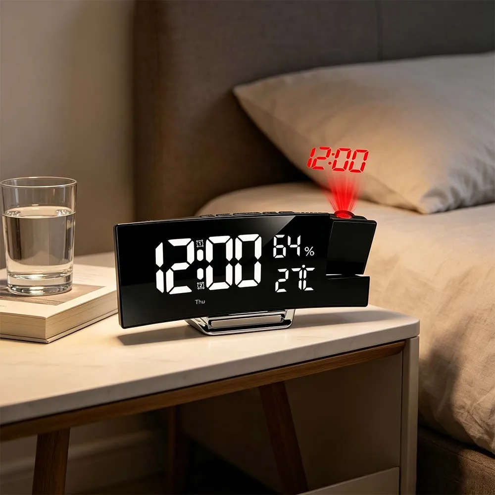1P LED Curved Projection Digital Alarm Clock, the Projected Time Can Be Reversed, and the Clock Can Display Time, Temperature
