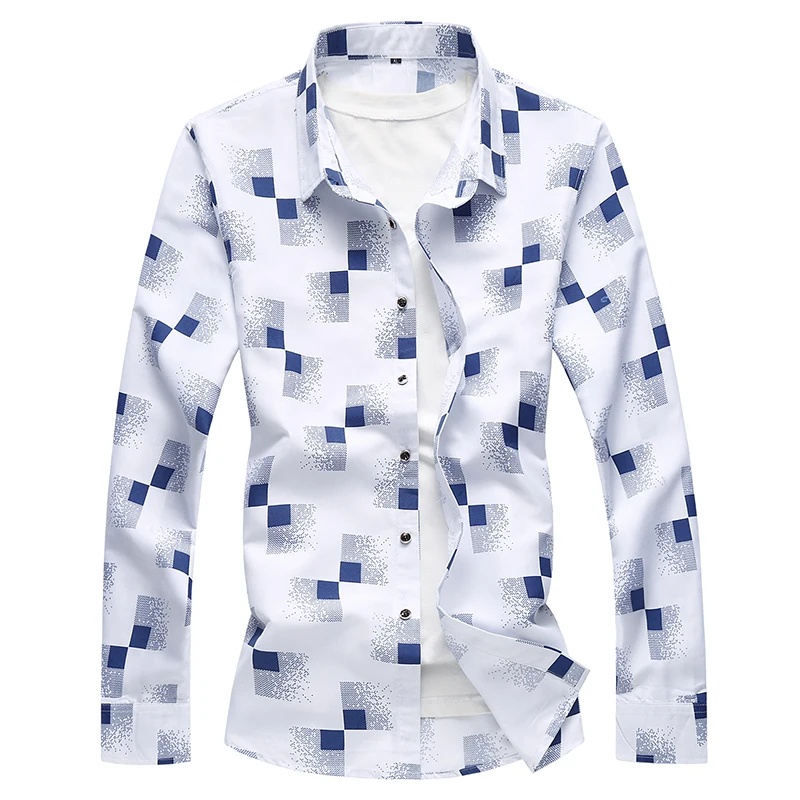 Camisa xadrez geométrica masculina estampada, férias havaianas, manga comprida, marca masculina, casual, primavera, 5XL, 6XL, 7XL