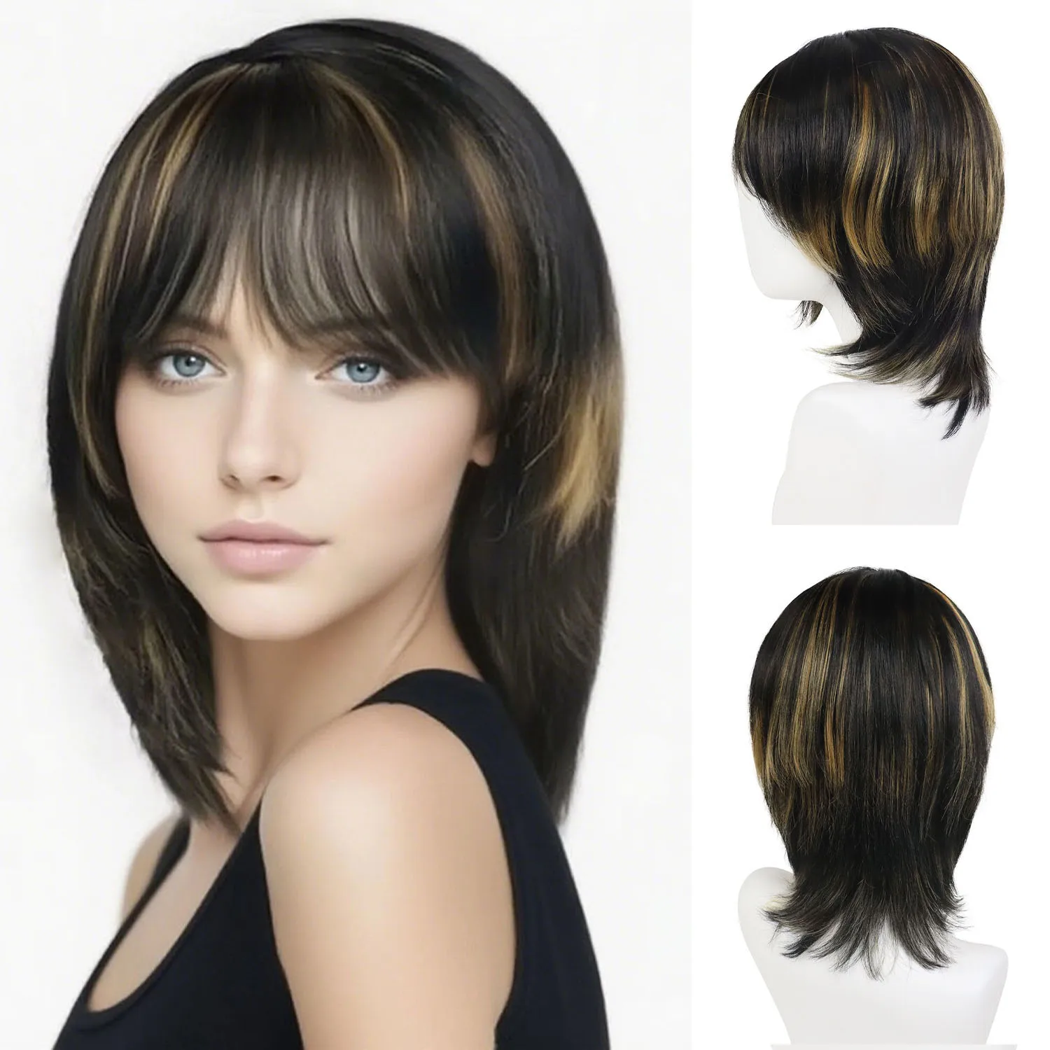 

Brown Mixed Blonde Synthetic Bob Wigs for Women Short Straight Hair Replacement Wig with Bangs Mommy Wig Gift Daily Casual Style