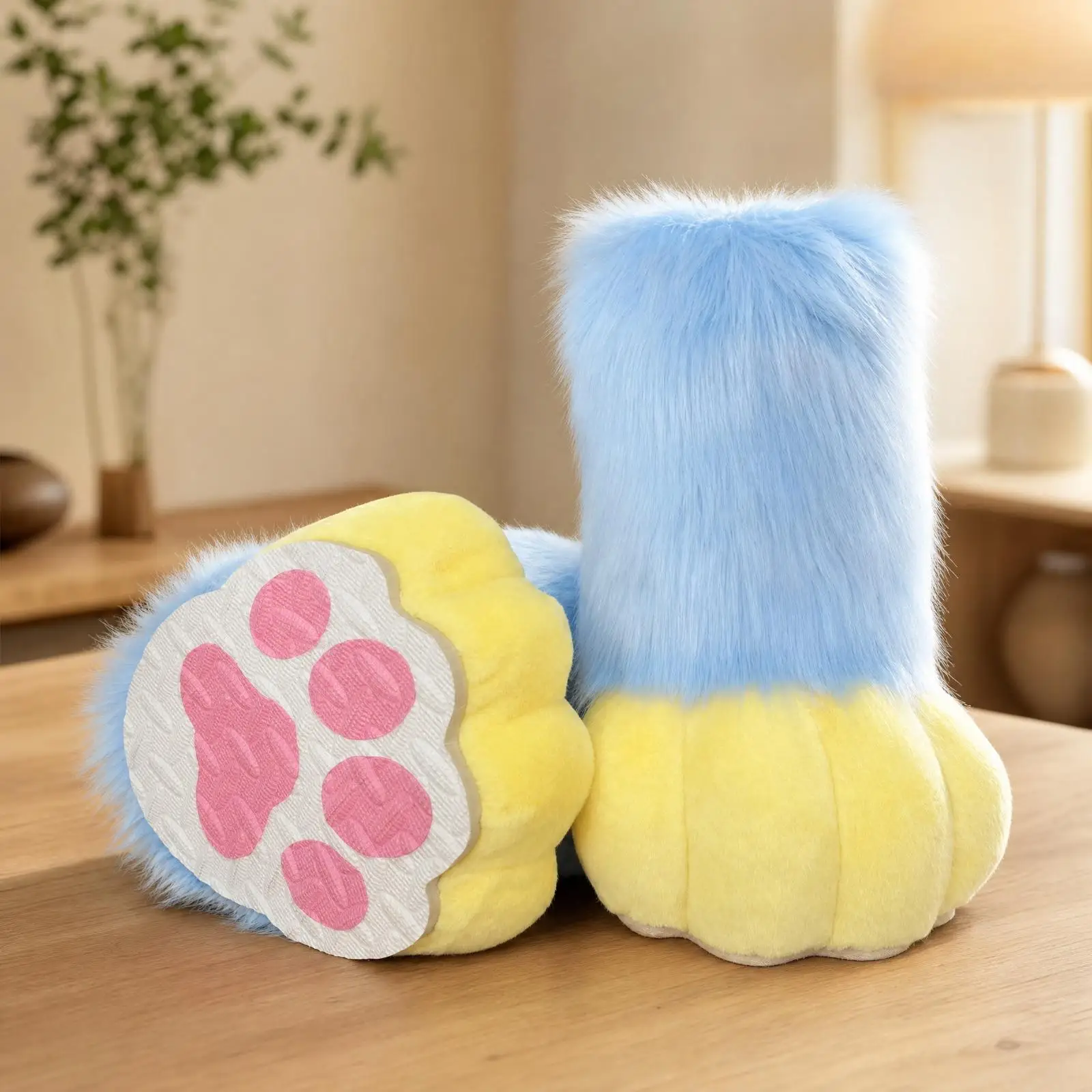 Soft Fursuit Paw Shoes Plush Cosplay Footwear with Sole Pads for Adult Furry Costume Elf Slippers