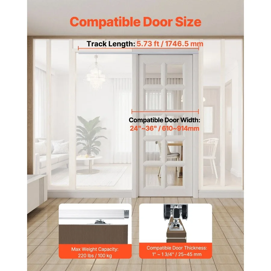 Sliding Pocket Door Hardware Track Kit, 5.73 ft Heavy Duty Pocket Door Hardware Kit, Commercial Grade Pocket Door Hardware and