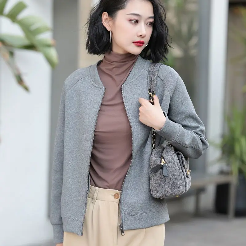 

Весенне-осенняя новая бейсбольная куртка, женский кардиган на молнии в стиле ретро с воротником-стойкой, серый повседневный топ