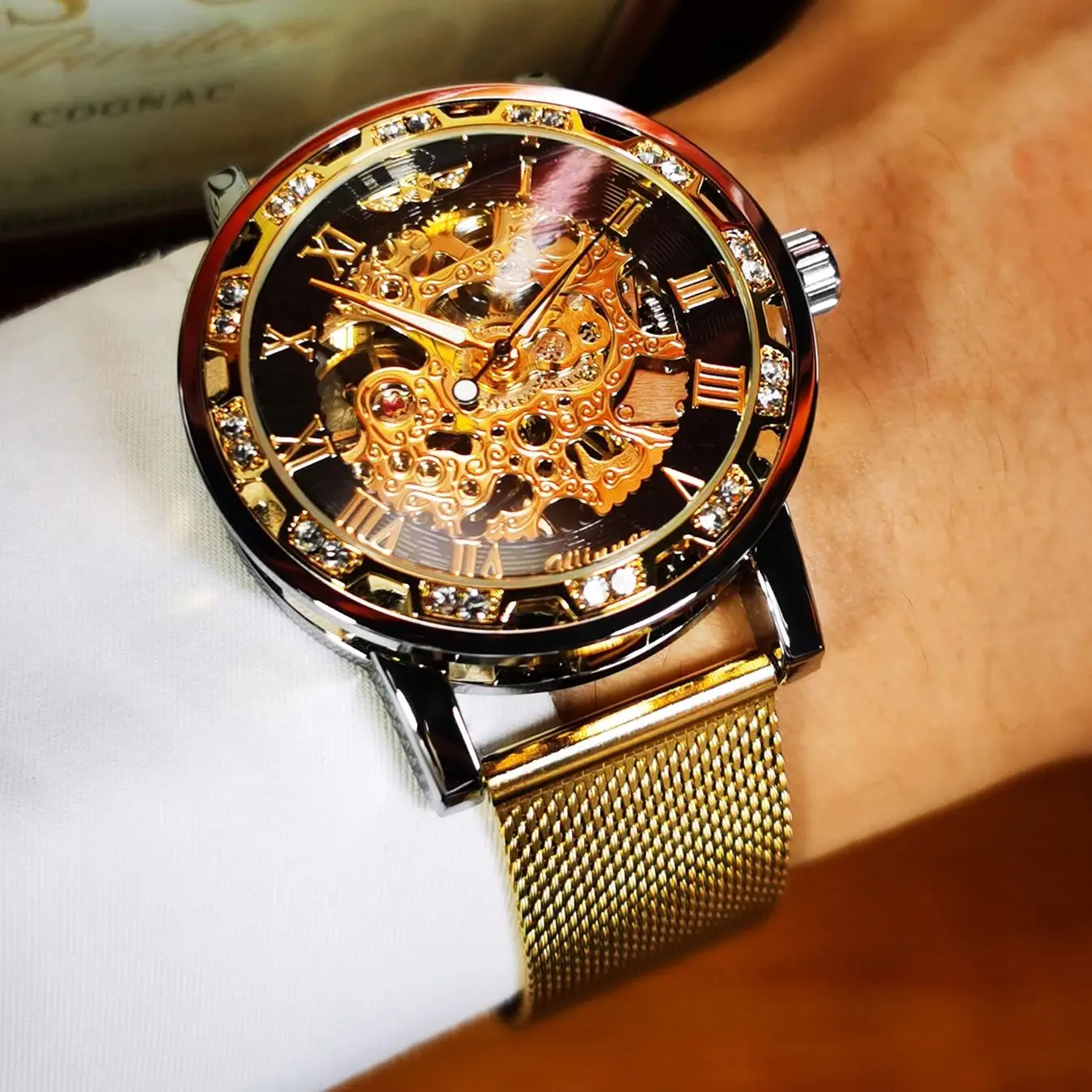 WINNER Classic Skeleton Hand Winding Mechanical Watch for Men Mesh Stainless Steel Strap Business Mens Watches Top Brand Gifts