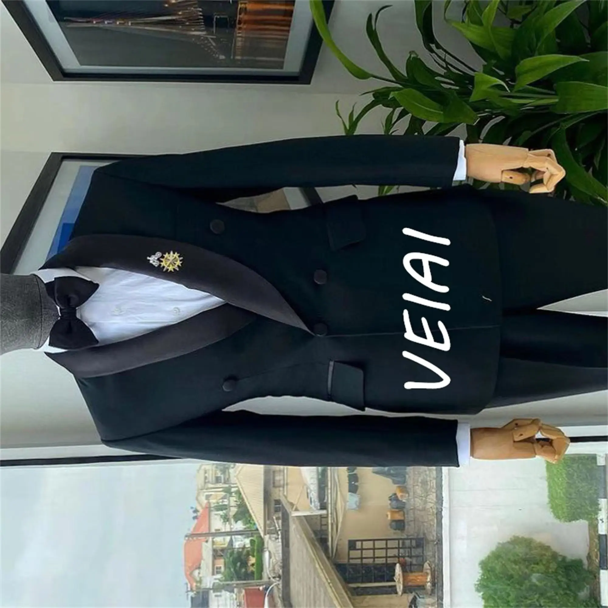 

Black Wedding Tuxedo for Mens Suits with Double Breasted Jacket Pants 2 Piece Slim Fit Formal Male Fashion Prom Costumes