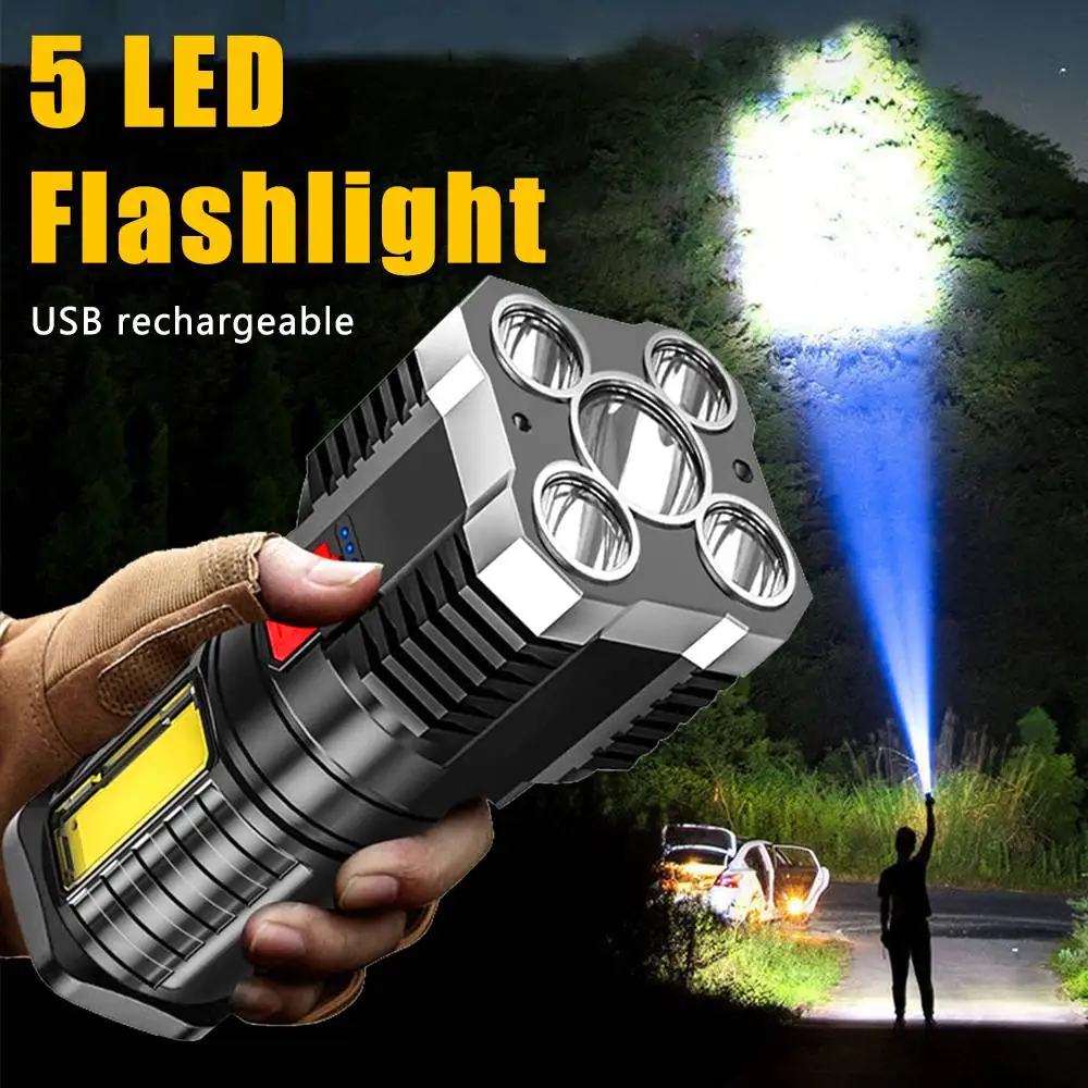 Lanterna recarregável usb com 5 led, luz lateral cob, display de energia, portátil, 4 modos, à prova d'água, para acampamento ao ar livre, pesca