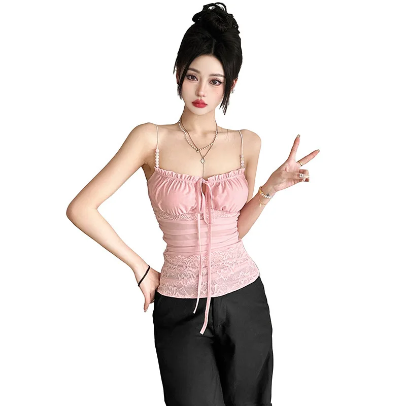 

Fashion 2025 Spring/Summer New Product Women's Clothing Pure Desire Sexy Wind Mesh Perspective Backless Folded Short Strap Tank