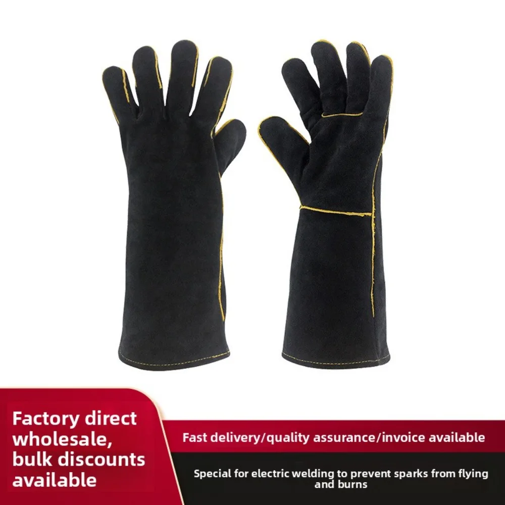 Black Split Cowhide Welding Gloves - Double-Layer Thickened Wear-Resistant Extended Gloves for Electric Welding