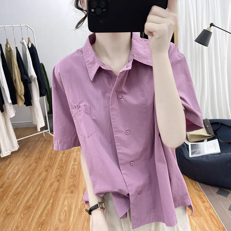 2024 New Summer Elegant Fashion High Waist Women's Shirt Korean Style Retro Loose Casual Short Sleeve Polo Neck Y2K Chic Tops