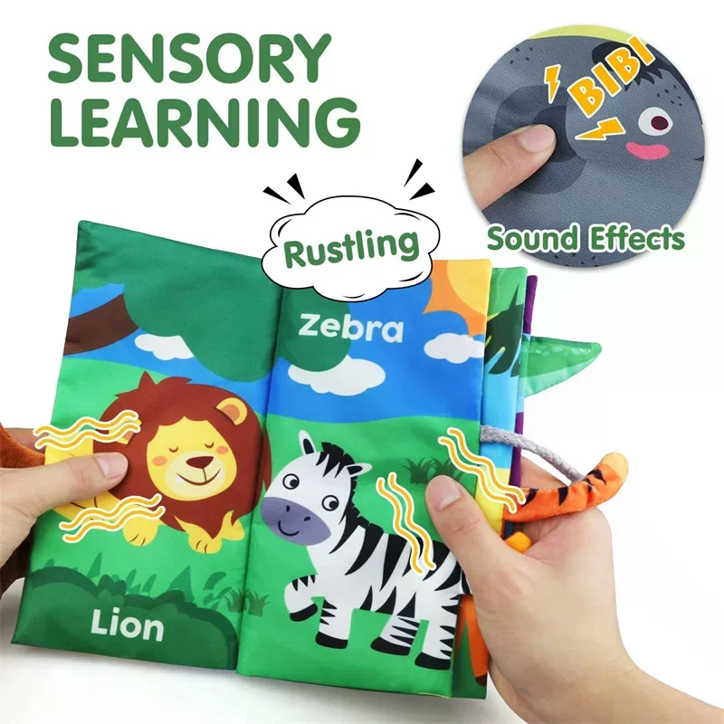 Libro de tela infantil con colas 3D, juguete de aprendizaje temprano seguro para morder, libros de tela arrugados con tacto y sensación Montessori