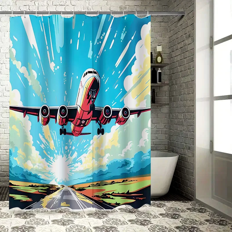 ‌Vibrant Retro Airplane Design Bath Curtain‌ Waterproof Fabric Ideal for Bathroom Decor Includes Hanging Rings for Easy Setup