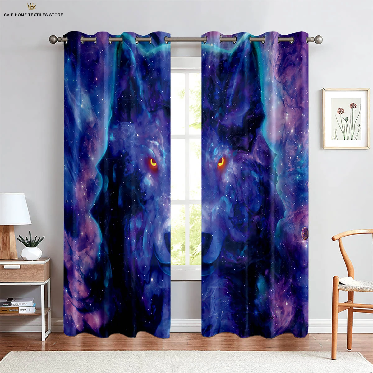 

Starry Sky Wolf Animal 3D Printed Curtains, Suitable for Bedroom, Study, Kitchen, Living Room, Decorative, 2 Pieces