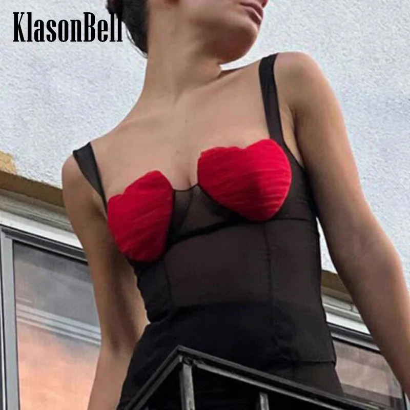 

2.27 KlasonBell Fashion Contrast Color Love Spliced Sexy Sheer Mesh Spaghetti Strap Slim Tank Top Women Clothes