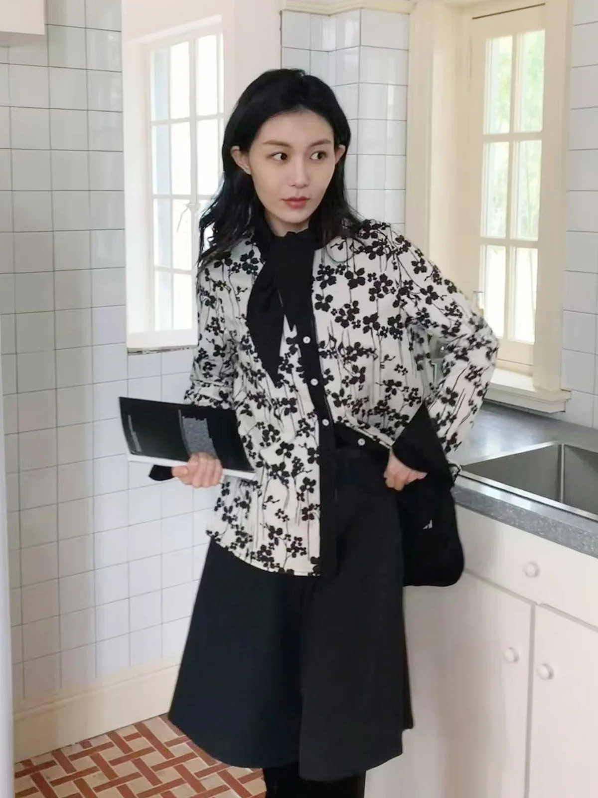 

ETLETE Double-Sided Wear Floral Print Color Block Long Sleeve Loose Casual Shirt British Style Polyester Fiber Thickened Winter