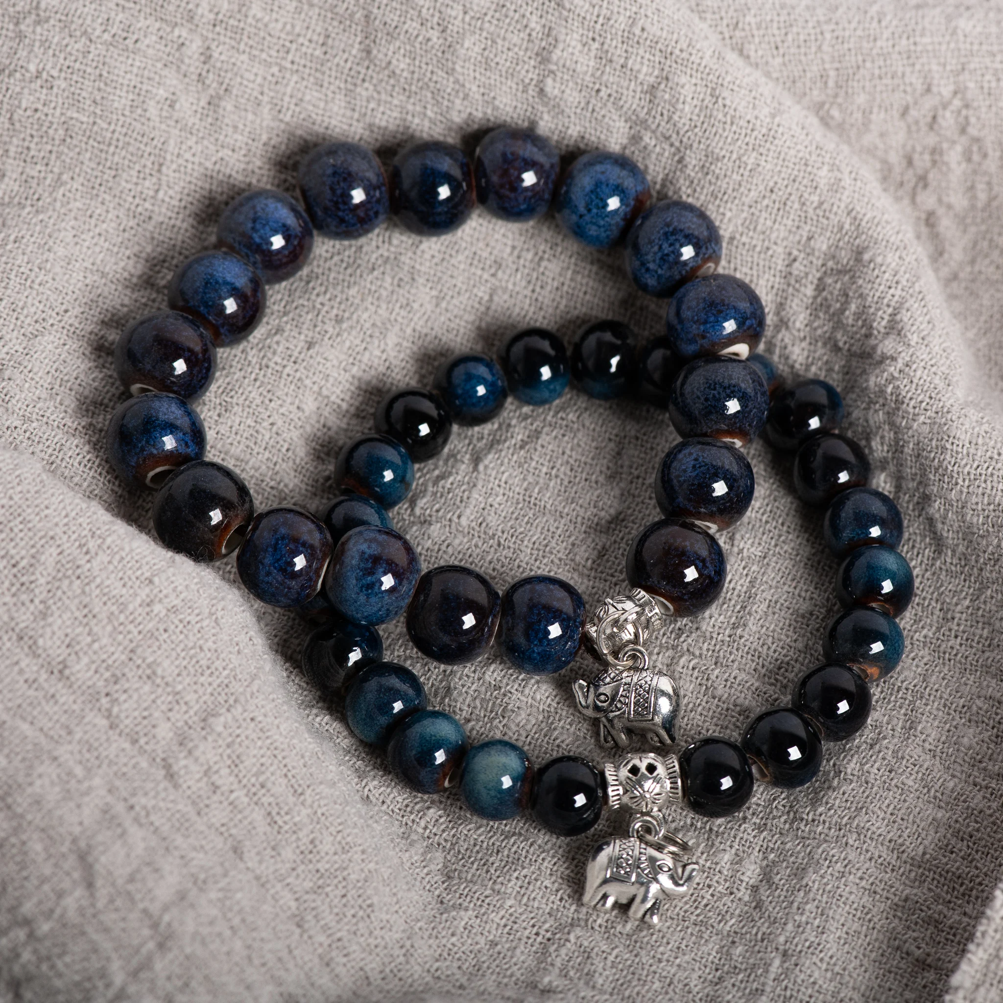 Handmade Ceramic Elephant Bracelet Boho Stretchable Jewelry Unisex Gemstone Blue Beads Two Sizes
