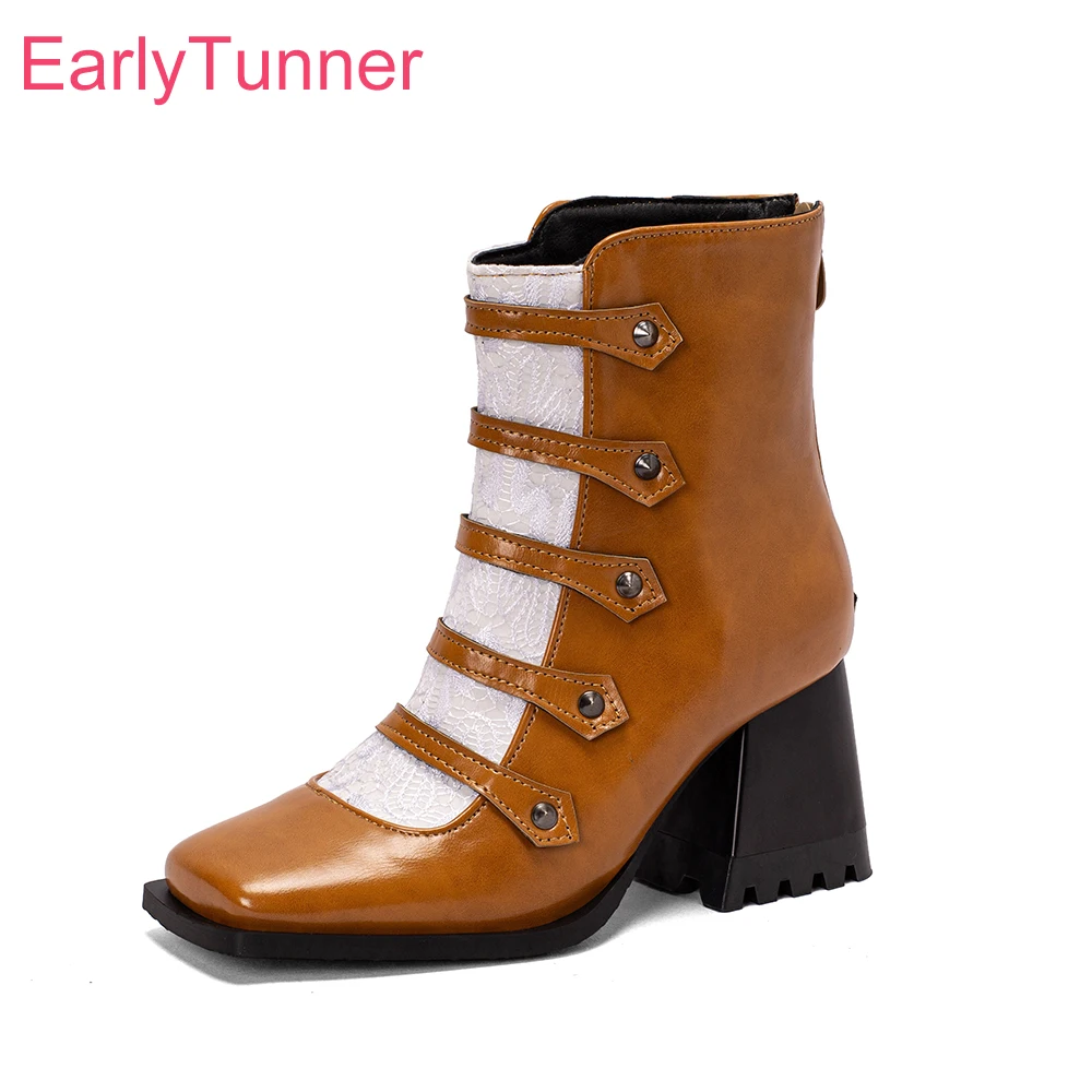 

Новые зимние гламурные коричневые женские ботильоны, пикантные офисные женские модельные туфли на высоком квадратном каблуке, большие размеры 12, 43 45, 48