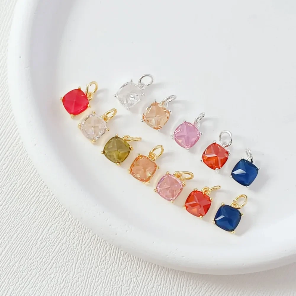 

Silver 14K Gold-encrued Zircon Pendant, Square Colored Zirconium Single Pendant, DIY Handmade Bracelet Accessory Pendant