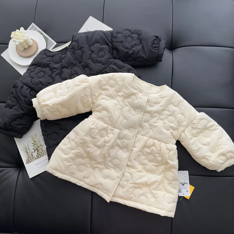 Children's Cotton-padded Clothes Medium and Long Coats Winter Clothes Rust Flower Cotton Clothes Bubble Sleeves Crew Neck Coat