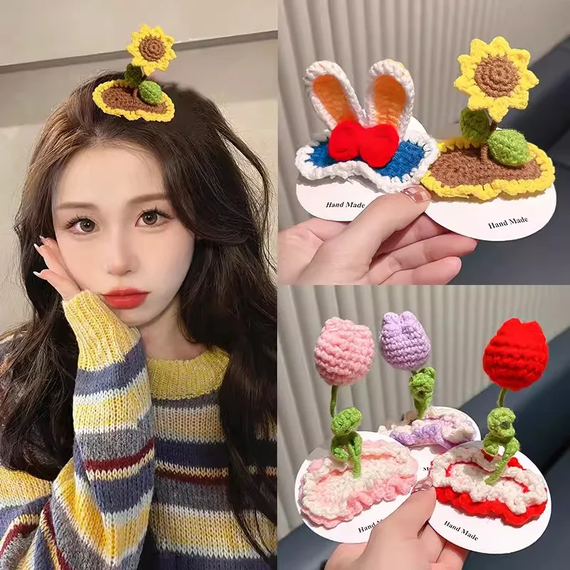 Wool Knitted Flower Barrettes BB Clip Handmade Crochet Barrettes Hair Accessories Costume Headwear Embroidery Hairpin Makeup