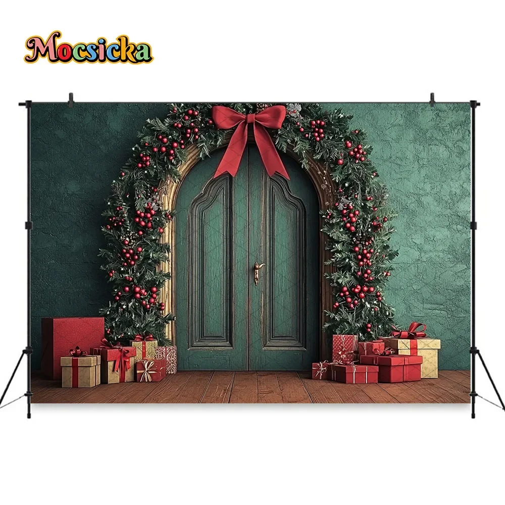 Mocsicka Fondo de puerta de Navidad fotografía Retro verde corona de Navidad regalo arco decoración telón de fondo invierno niños cumpleaños estudio fotográfico