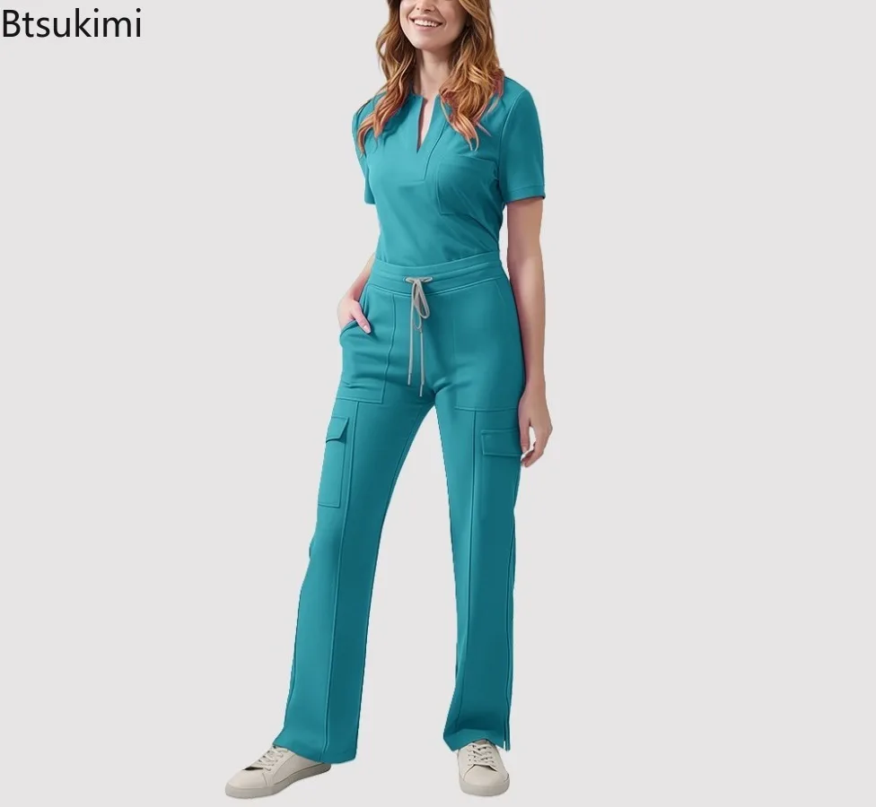 Medical Scrubs Uniform Women Nurse Scrub Set Pocket Top+Pants 2 Piece Suit Nursing Operating Room Clothes Beauty Salon Work Wear view 5