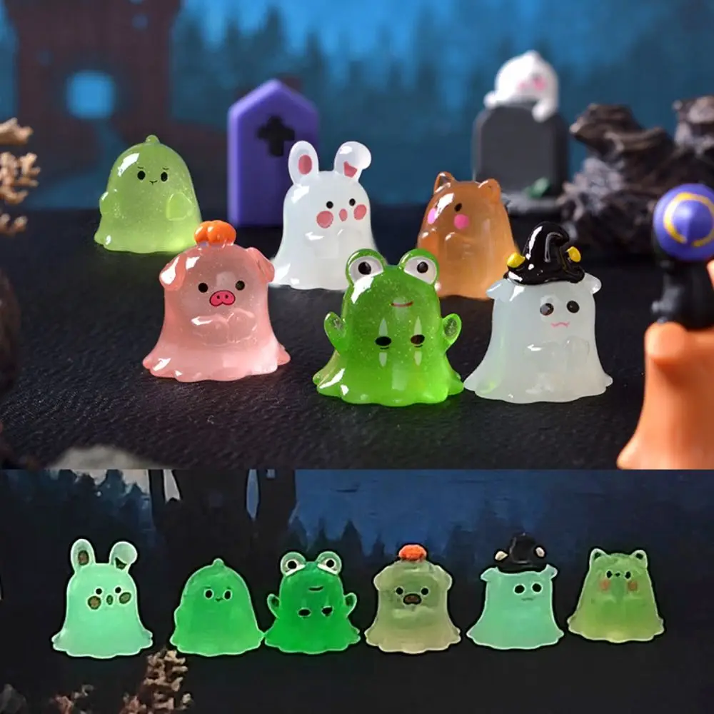 6Pcs Halloween Luminous Ghost Statue DIY Accessories Fairy Garden Ghost Animal Ornament Funny Ghost Pig Rabbit