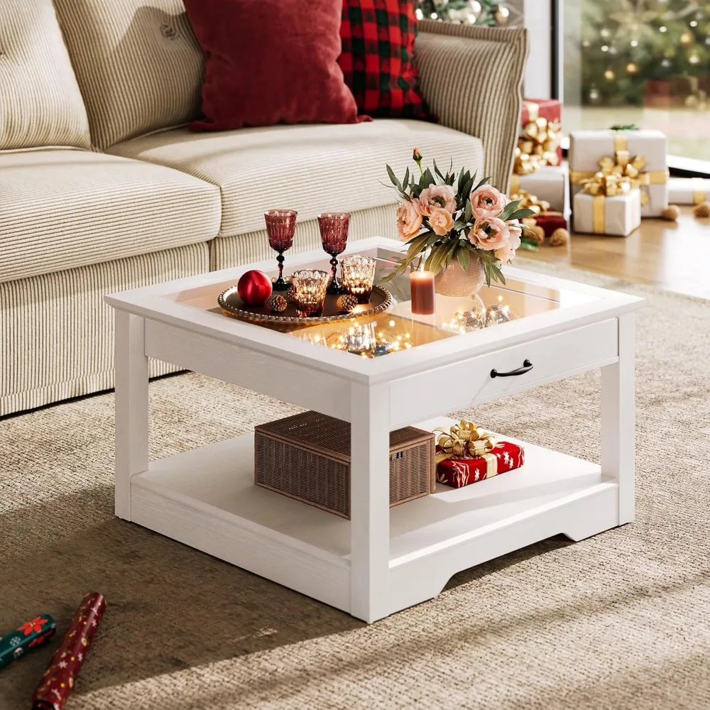 

Coffee Table, 31.5" Square Coffee Table with Glass Tabletop, Open Display Area and Storage Drawer, Modern Farmhouse Center Tabl