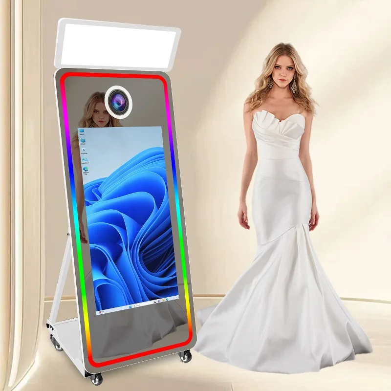 Interactive mirror photo booth 65-inch selfie magic photo booth machine with touchscreen camera and party printer