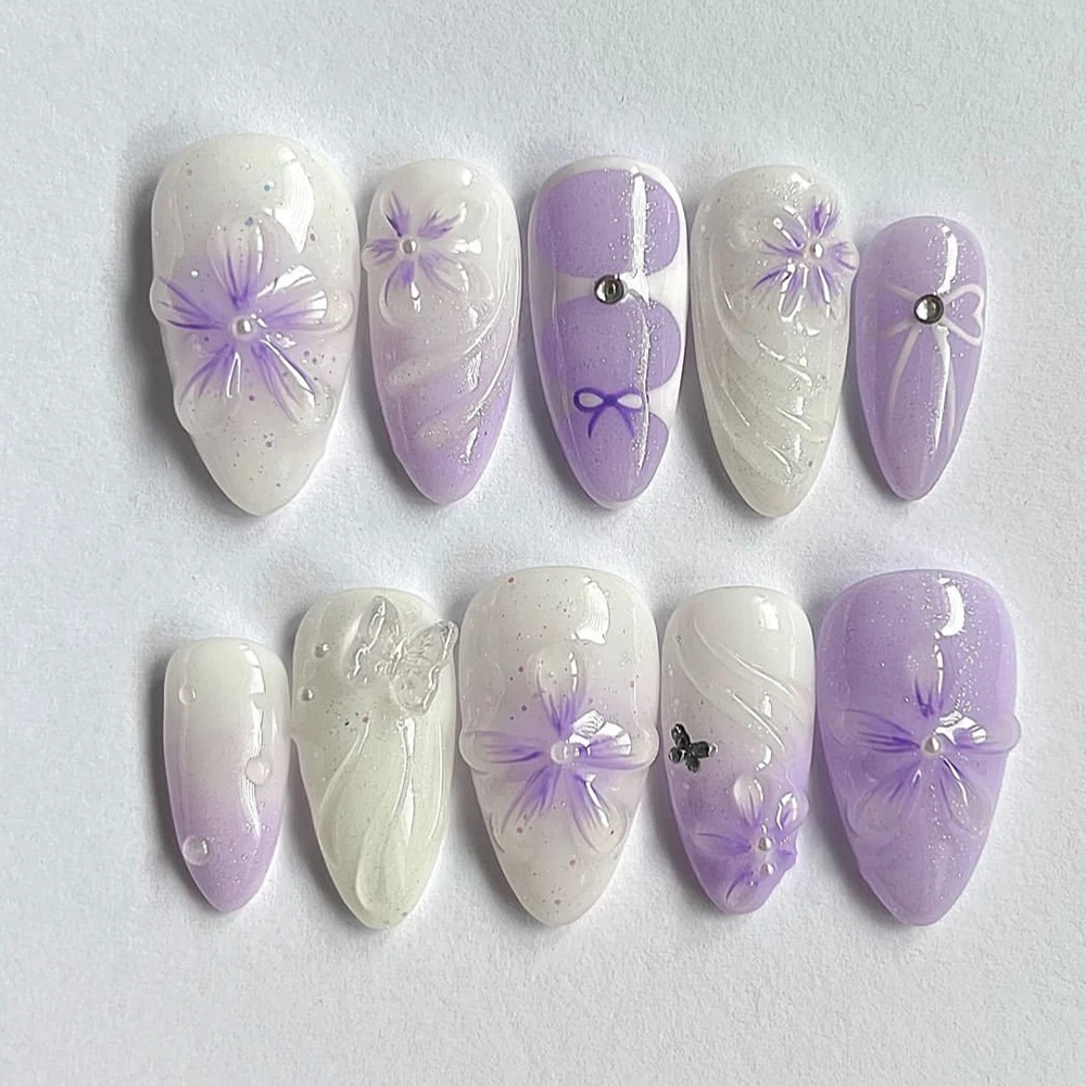 Purple 3D Gel Flowers Almonds Press On Nails Art Milky White Gradation Glitter Butterfly Ballerina Fake Nail Party Sticker Gift