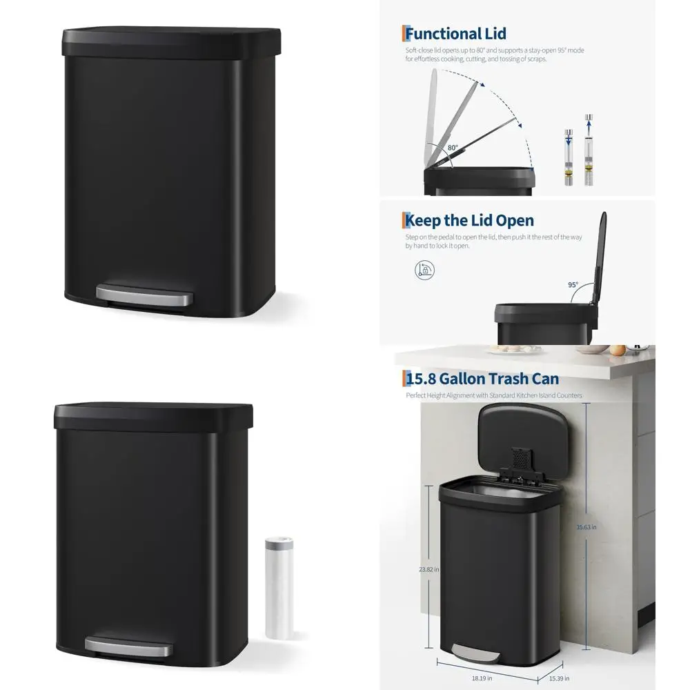 Large Capacity 60-Liter Stainless Steel Rectangular Trash Can with Soft-Close Lid for Recycling and Kitchen Use
