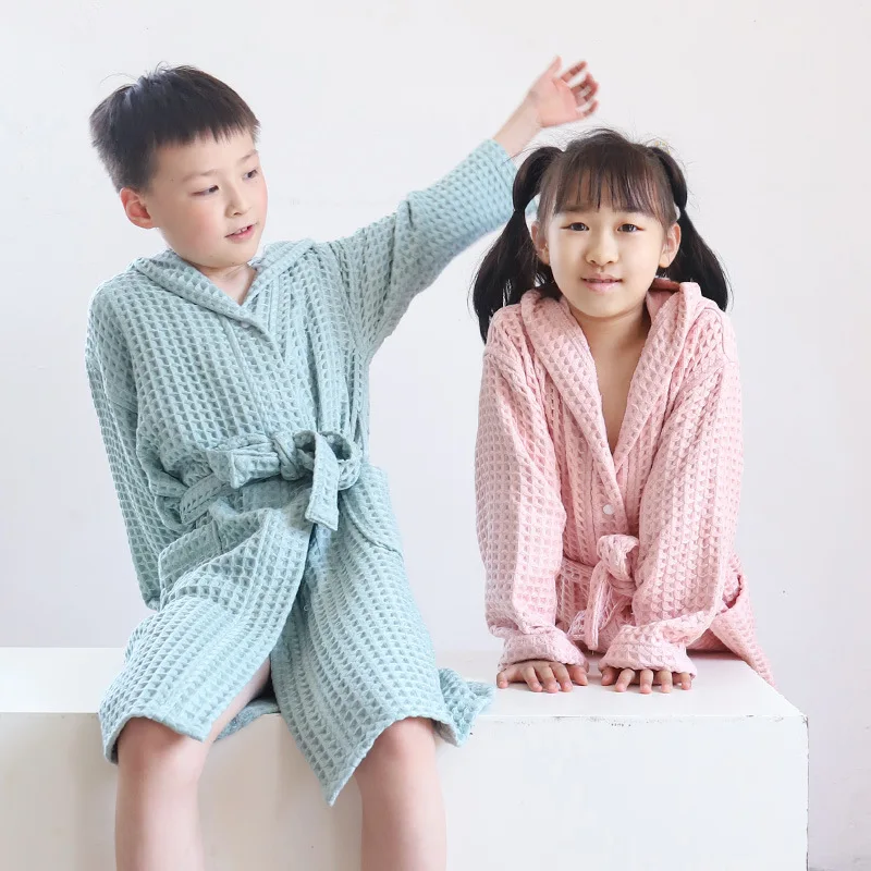 Kids Winter New 100% Cotton Kimono Double-deck Waffle Bathrobe Warm Bath Robe Boy Thick Nightwear Girl Water Uptake Sleepwear