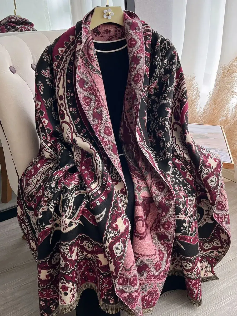 Élégant Floral Jacquard Pashmina Imitation cachemire écharpe épais chaud hiver utilisation Double face châle coupe-vent résistant au froid écharpe
