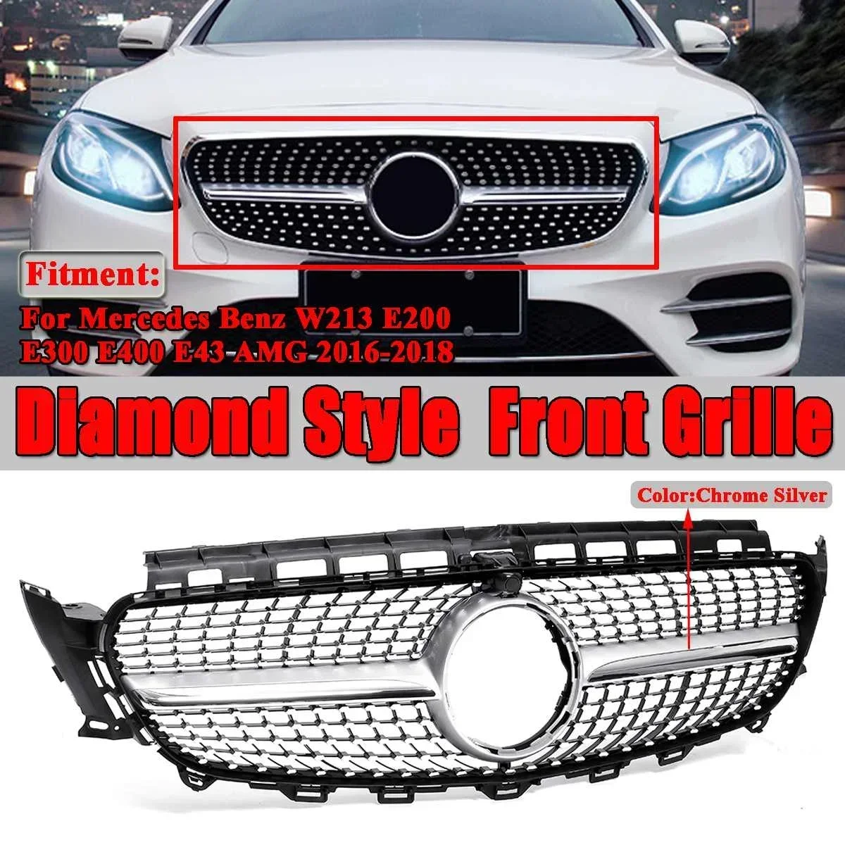 New W213 GT Grill Car Front Bumper Diamond Grill Grills For Mercedes For Benz W213 E200 E300 E400 E43 For AMG 2016-2018 Body Kit