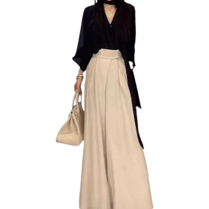 

Fashionable Korean Style Patchwork Wide Leg Pants Two Piece Set New Spring High Quality Simple Commuter Design Patchwork