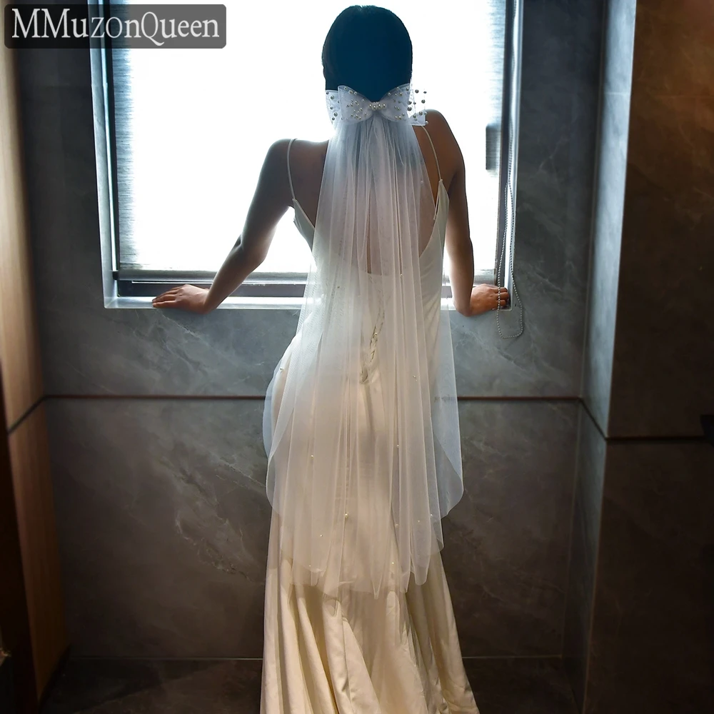 

TOPQUEEN жемчужная фата с бантом Vestido De Novia, вуаль из бисера, кончики пальцев с расческой, свадебные аксессуары, настраиваемая M39