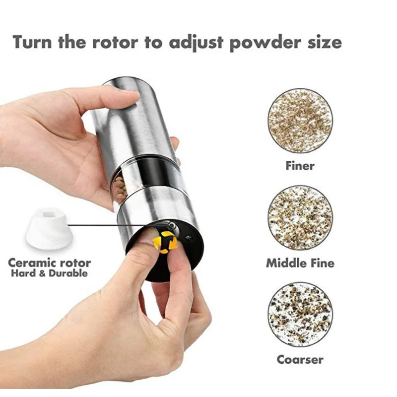 Electric Salt and Pepper Grinder - Single Battery Operated Stainless Steel Salt or Pepper Mill with Adjustable Ceramic Grinder