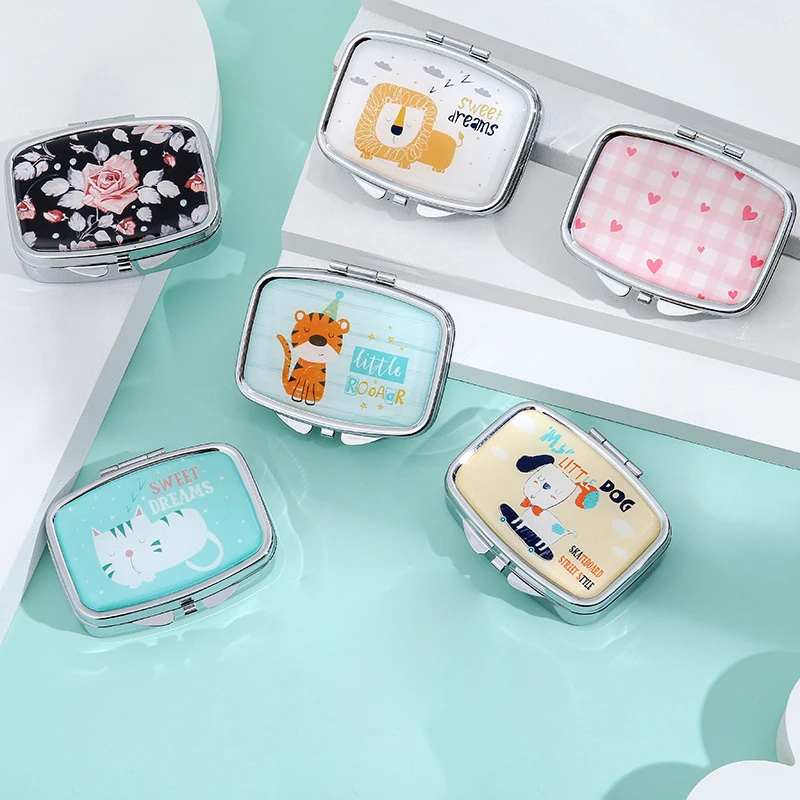 1PC Cartoon Portable Seal Folding Flap With Mirror Cute Capsule Box Travel Drug Box Drug Dispense Storage Arrange Pill Case