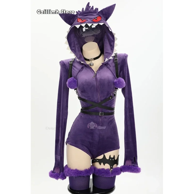 

Women Ghost Cosplay Costume Halloween Purple Sexy Romper Bodysuit Plush Hooded Socks with Belt and Taila;6'x,9;y'