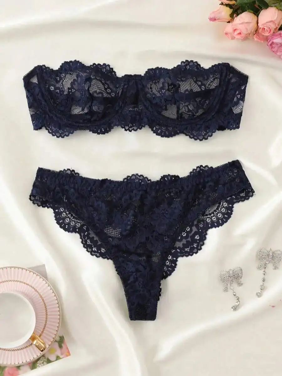

Navy Blue Lace Strapless Bra and Thong Set for Women, Sexy Lingerie with Floral Embroidery