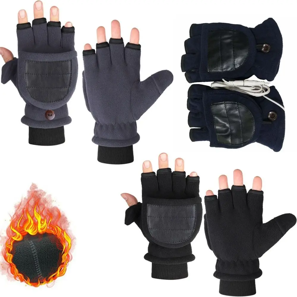 

Washable USB Heated Mitten Half Finger Flip Glove Winter Glove Electric Heating Gloves Thermostatic Fleece Gloves