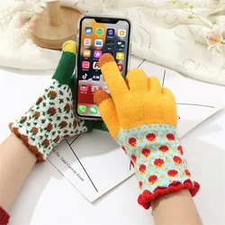 Thick Wool Winter Gloves Cute Colorful Flower Windproof Mitten Touchscreen Gloves Vintage Knitted Gloves for Girls